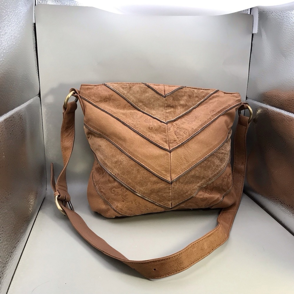 St Johns‎ Bay Genuine Leather Shoulder Strap Hobo Bag Chevron Brown